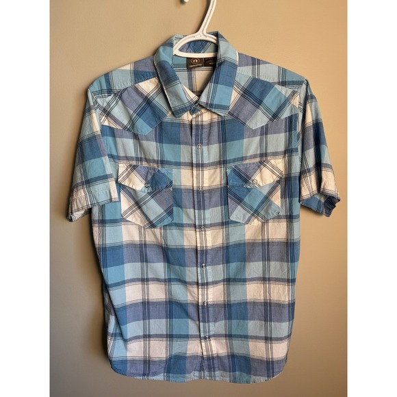 Hang Ten Other - Hang Ten Mens Blue Plaid Western Pearl Snap Shirt Medium Surf Coastal Retro